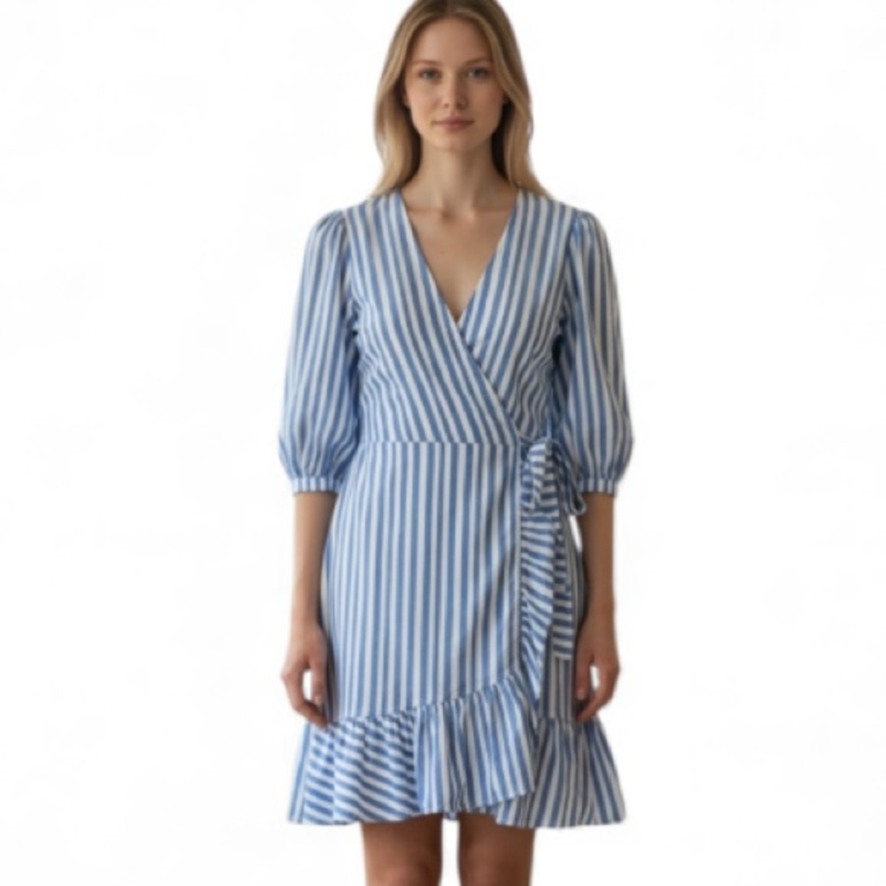 Tommy Hilfiger Womens Blue and White Striped Plunge Neck Wrap Dress Size Small